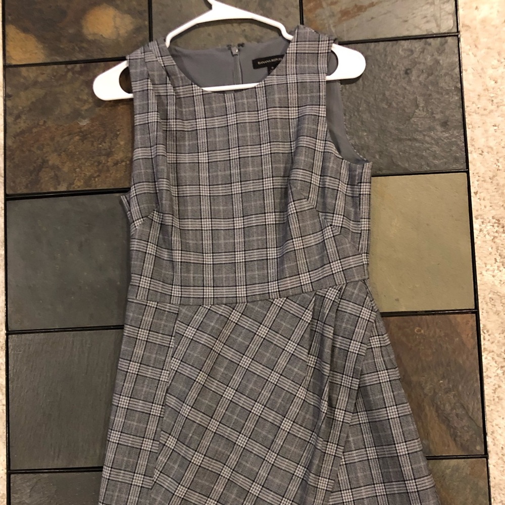 Plaid gray faux-wrap dress.